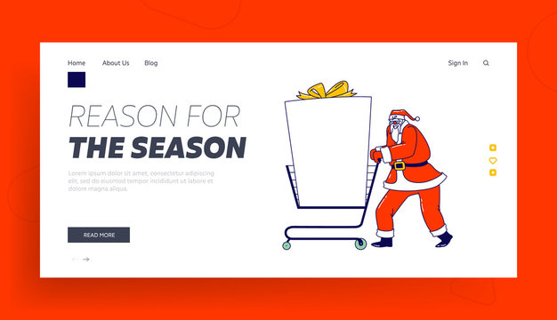 Santa Claus With Mockup Landing Page Template. Christmas Character Pushing Shopping Trolley With Gift And Copy Space