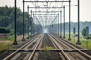 Long straight railway line between Zwolle and Meppel in the Netherlands, with converging lines...