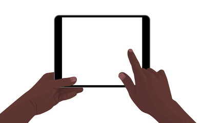 Hands holding the black smartphone tablet with blank screen and modern frameless design. Template vector illustration on isolated background. 