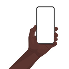 Hand holding the black smartphone with blank screen and modern frameless design. Template vector illustration on isolated background. 