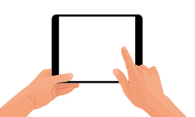Hands holding the black smartphone tablet with blank screen and modern frameless design. Template vector illustration on isolated background. 