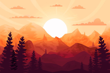 Sunset in the mountains, beautiful landscape, big sun, forest silhouette. Can be used as background and wallpaper.