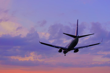 Fototapeta na wymiar 夕暮れの中を飛ぶ飛行機 / Airplane flying into the sunset