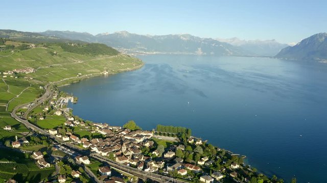 Flying Over Cully Village In Lavaux Vineyard By The Shores Of Lake Leman, Switzerland - Aerial shot