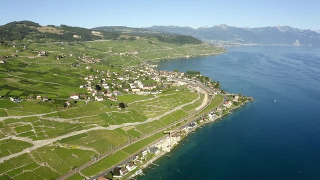 Sprawling Landscape Of Lavaux Vineyard With Cully Village In Foreground. Switzerland - Aerial Shot (panning)
