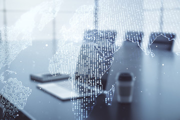 Multi exposure of abstract graphic world map on modern computer background, big data and networking concept