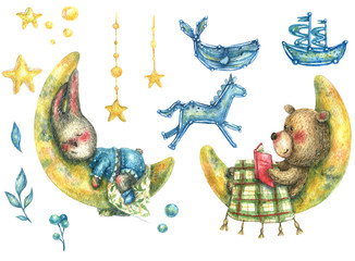 Watercolor illustration of cute animals (hare and bear) sleeping on the moon among the stars and constellations in the form of a unicorn, a ship and a whale.