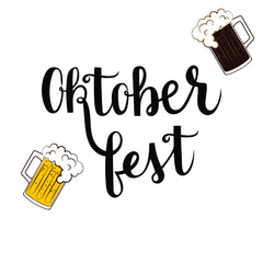 Oktoberfest lettering vector with beer mugs 