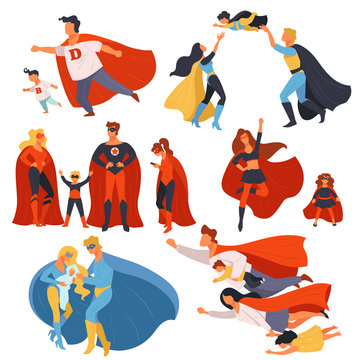 Superhero family, parents and kids with powers vector