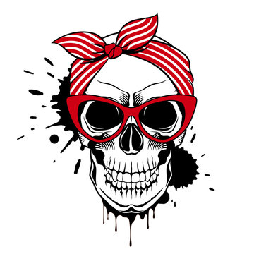 Vector skull in red cat eye glasses, striped bandana and ink drops. Trendy vector illustration