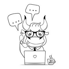 Сute bull works in the office with a laptop. Cartoon bull answers calls and messages. Symbol of 2021. Vector illustration