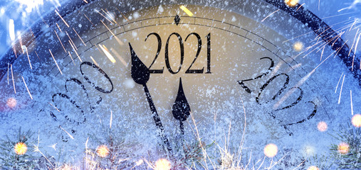 Countdown to midnight. Retro style clock counting last moments before Christmas or New Year 2021.