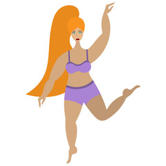 The red-haired lady is dancing. Body positive. Flat style. Vector illustration. Isolated white background. Self-confident girl in sportswear. Woman with hair pulled back in a ponytail. Plus size model