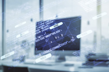 Abstract creative coding illustration with world map on modern computer background, international software development concept. Multiexposure