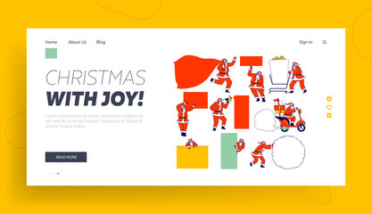 Obraz na płótnie Canvas Santa Claus with Mockup Landing Page Template. Christmas Character in Red Festive Costume Holding Empty Banners Mock Up