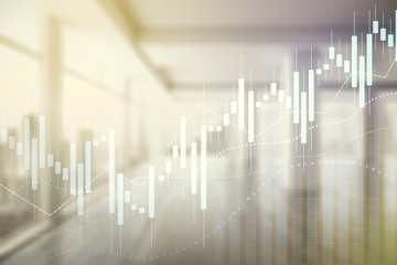 Multi exposure of virtual abstract financial graph interface on modern interior background, financial and trading concept