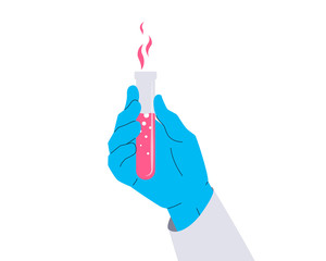 Test tube in the hand. Vector illustration of a gloved hand holding a test tube. Icon of a bright pink liquid in a vial. Concept of vaccine, chemical expirements, medical research, science achievement