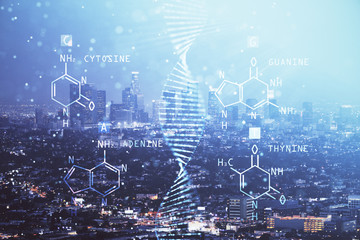 Double exposure of DNA drawing and cityscape background. Concept of education.