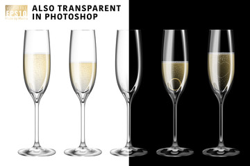 Vector illustration set of transparent champagne glasses with sparkling white wine and empty glass. Transparent on the background. Love heart concept. Ring for engagement and Valentine's day.