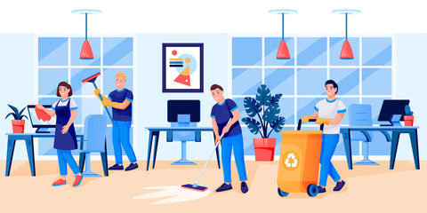 Cleaning service team cleans office. Vector illustration. Men women professional workers wash windows, cleaning garbage
