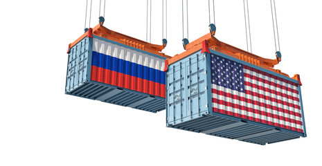 Freight containers with Russia and USA flag. 3D Rendering 
