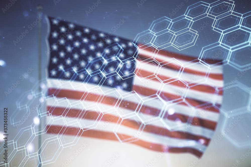 Aufkleber Abstract virtual wireless technology hologram with hexagon on US flag and blue sky background. Big data and database concept. Multiexposure