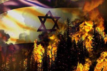 Forest fire natural disaster concept - heavy fire in the trees on Israel flag background - 3D illustration of nature