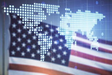 Double exposure of abstract digital world map hologram on US flag and blue sky background, big data and blockchain concept
