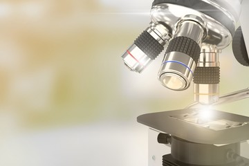 vaccine discovery concept, lab electronic scientific microscope with flare on selective focus background - object 3D illustration