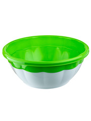 transparent plastic food storage container with green lid