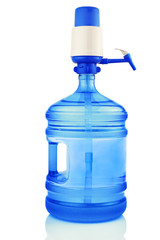 Plastic blue bottle, gallon with drinking water and pump isolated on white background - 373458593