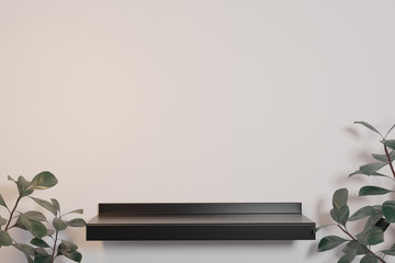 Empty shelf on white wall with leaf. Scene stage showcase, product, Promotion sale, Presentation, Cosmetic. 3D render