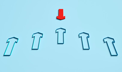Red arrow with opposite direction of blue arrows isolated on blue background; conflict of interest; creative business template; perspective view, copy space; 3d rendering, 3d illustration