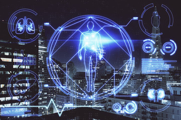 Double exposure of education theme drawing and cityscape background.