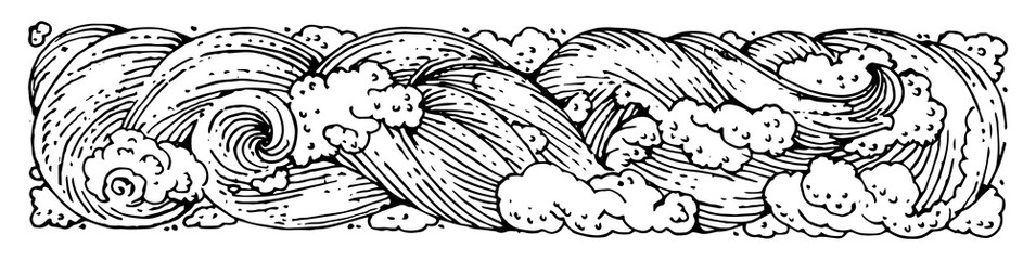 Sea waves in a storm. Outline hand drawing. Isolated vector object on white background. Retro style.