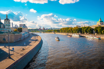 Panorama of Moscow at sunset in summer from the side of the Moscow river