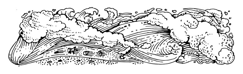 Sea waves in a storm. Outline hand drawing. Isolated vector object on white background. Retro style.