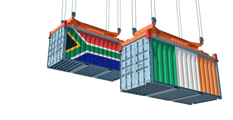 Freight containers with Ireland and South Africa flag. 3D Rendering 