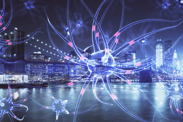 Double exposure of neuron drawing icon and cityscape background. Concept of education.