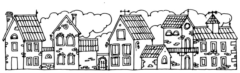 Naklejka premium Village street. Houses and buildings. Isolated vector object on white background. A sketch with a felt-tip pen, ink on paper. Cheerful funny cartoon style.