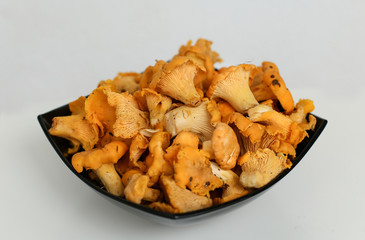 A lot of chanterelles mushrooms on a black plate ready to cook dinner with onions and potatoes