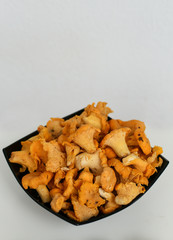 A lot of chanterelles mushrooms on a black plate ready to cook dinner with onions and potatoes