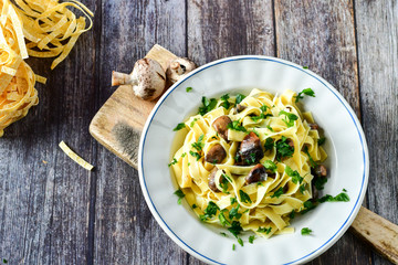 Italian food . Fresh home made  tagliatelle vegetarian  egg pasta  with mushrooms ,parmesan cheese ,fresh parsley  and black pepper.