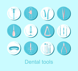 Fototapeta na wymiar Dental tools.12 Instagram round icons set.Orthodontic prosthetics and filling, treatment of diseases of the oral cavity and caries.Tweezers,probe, spatula, dental crown micrometer.Vector for clinic