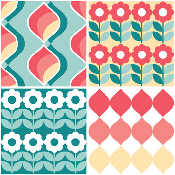 Retro geometric mid-century modern vector seamless pattern set of four, funky repetitive textile designs
