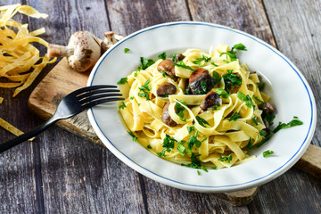 Italian food . Fresh home made  tagliatelle vegetarian  egg pasta  with mushrooms ,parmesan cheese ,fresh parsley  and black pepper.