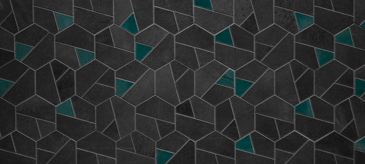 Abstraktes graues Anthrazit-Türkis dunkles nahtloses geometrisches sechseckiges Hexagon-Mosaik-Zementstein-Betonfliesen-Wandbeschaffenheits-Hintergrundbanner