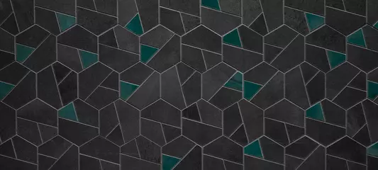 Foto auf Acrylglas Mosaik Abstraktes graues Anthrazit-Türkis dunkles nahtloses geometrisches sechseckiges Hexagon-Mosaik-Zementstein-Betonfliesen-Wandbeschaffenheits-Hintergrundbanner