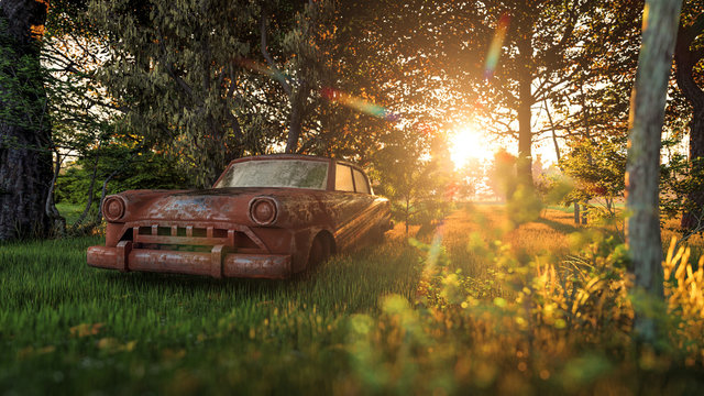 3d rendered high quality rusty abandoned vintage car in forest.