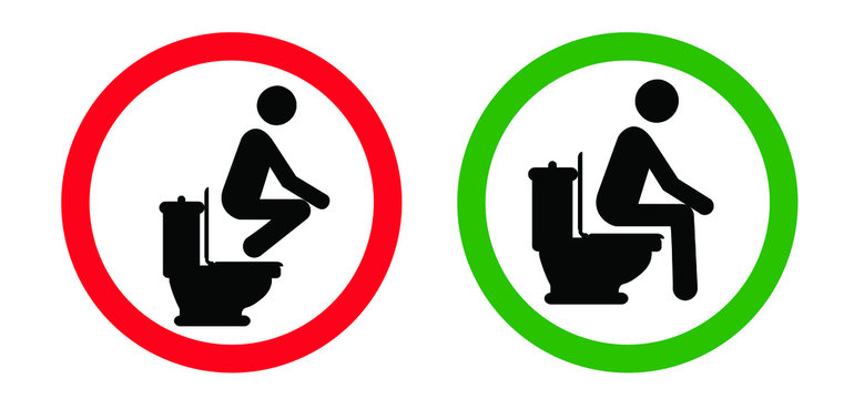 Stop, do not stand on the toilet closet With bare feet or shoes. Do not step on the toilets seat. Water closet icons. Stop halt allowed. Vector attention forbidden caution signs. No ban wc pictogram.